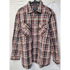 PENDLETON Lodge Red Black Virgin Wool Plaid Button Up Flannel Shirt Size Large